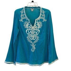 Cache Turquoise Embroidered Tunic Intricate beads Gorgeous Size Large Cotton